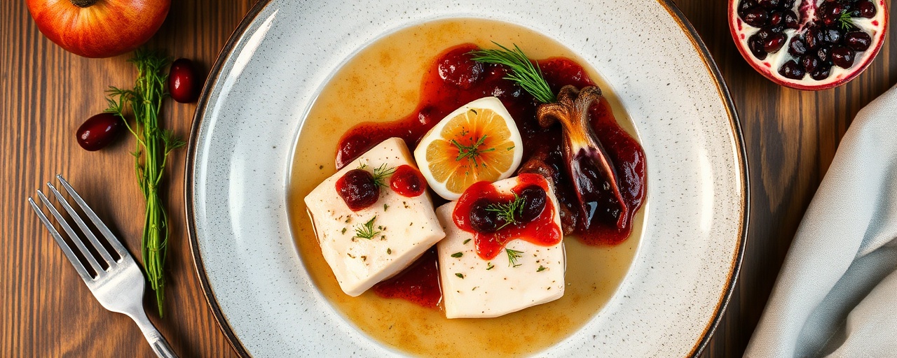 Poached Nordic Cod with Pomegranate-Lingonberry Glaze