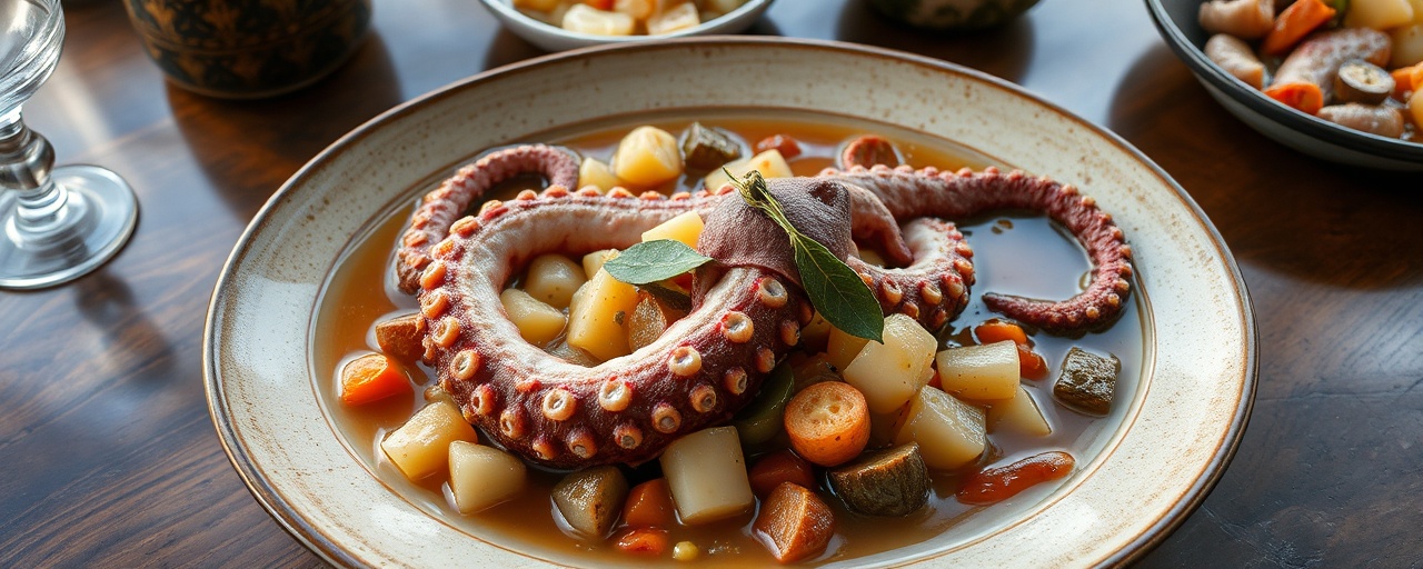 Poached Octopus with Braised Cabbage and Root Vegetables