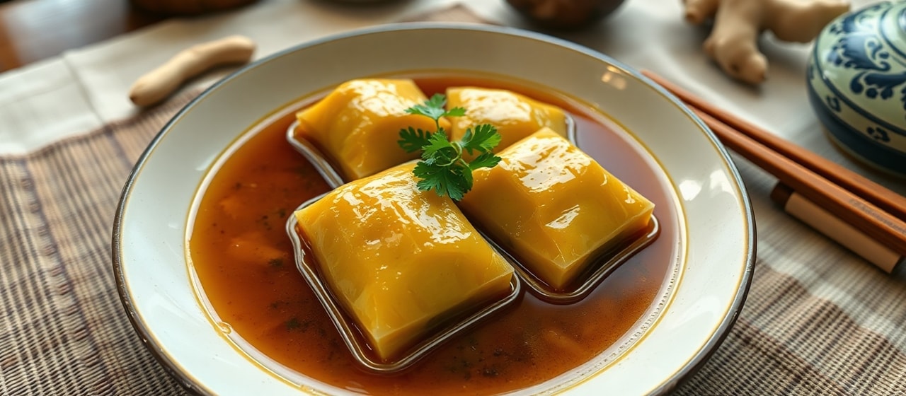 Poached Plantain and Tofu Parcels in Umami Broth