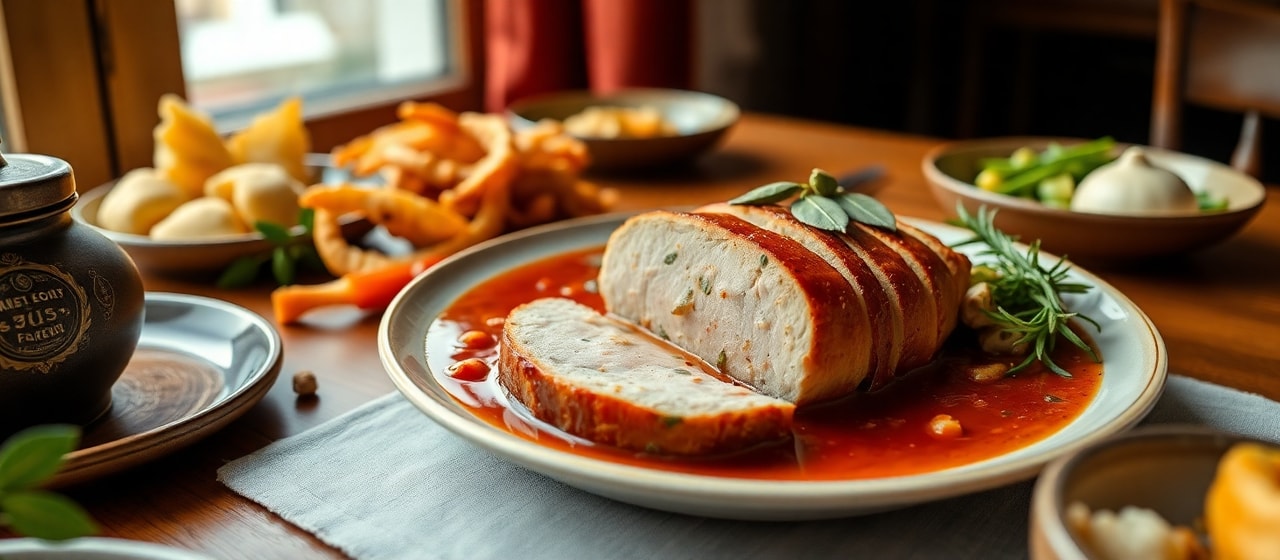 Poached Pork Tenderloin with Smoky Chipotle Paprika Sauce and Houskové Knedlíky
