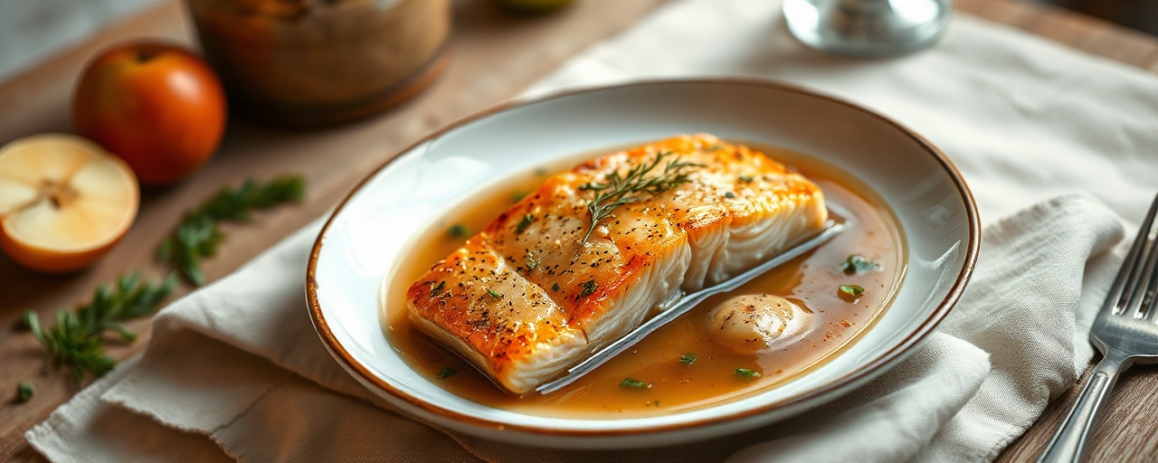 Poached Salmon with Galangal-Infused Apple & Herb Broth