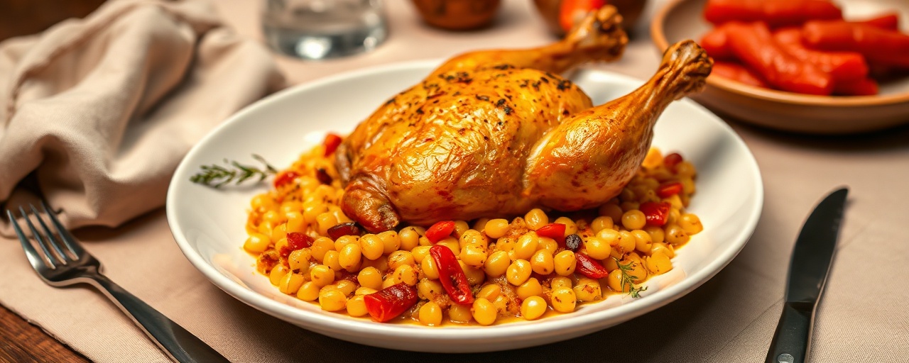 Pollo Ahumado con Ensalada de Garbanzos y Pimientos Rojos Asados