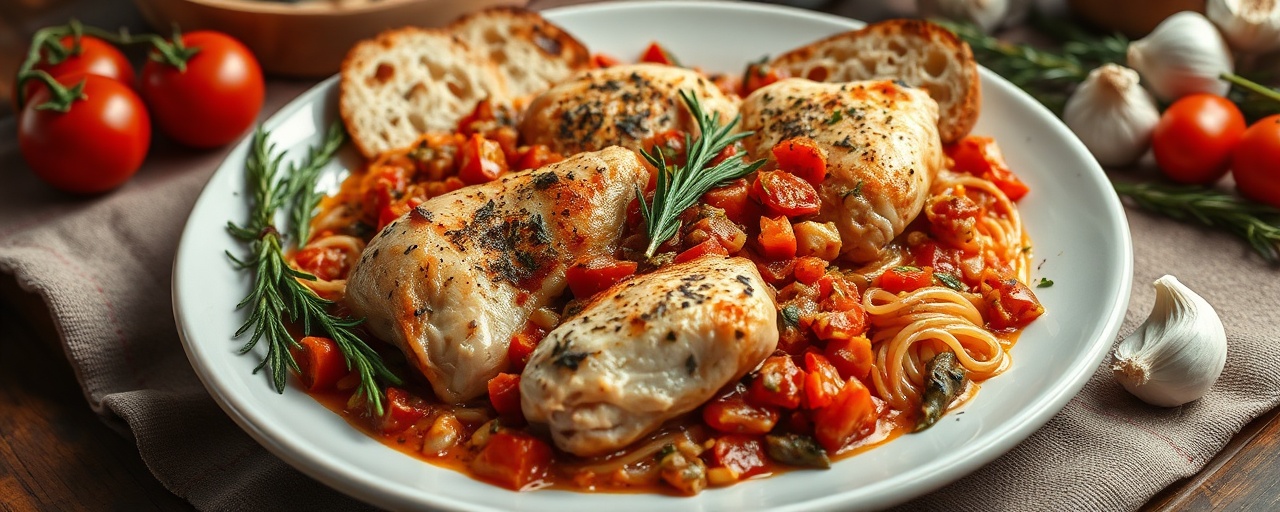 Pollo al Pomodoro e Rosmarino con Pane Croccante
