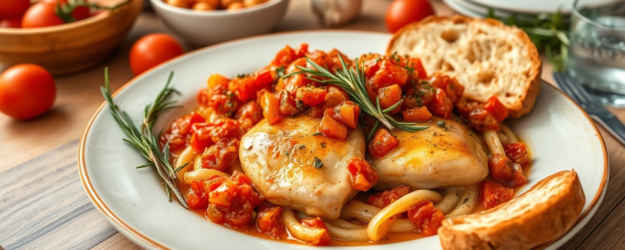 Pollo al Pomodoro e Rosmarino con Pane Croccante