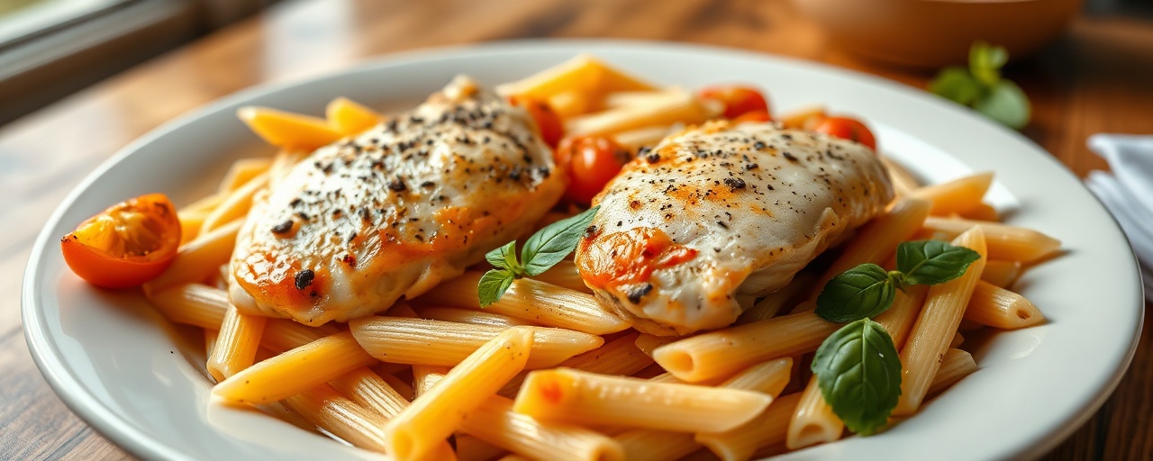 Pollo al Vapore con Salsa Nera d'Aglio e Penne