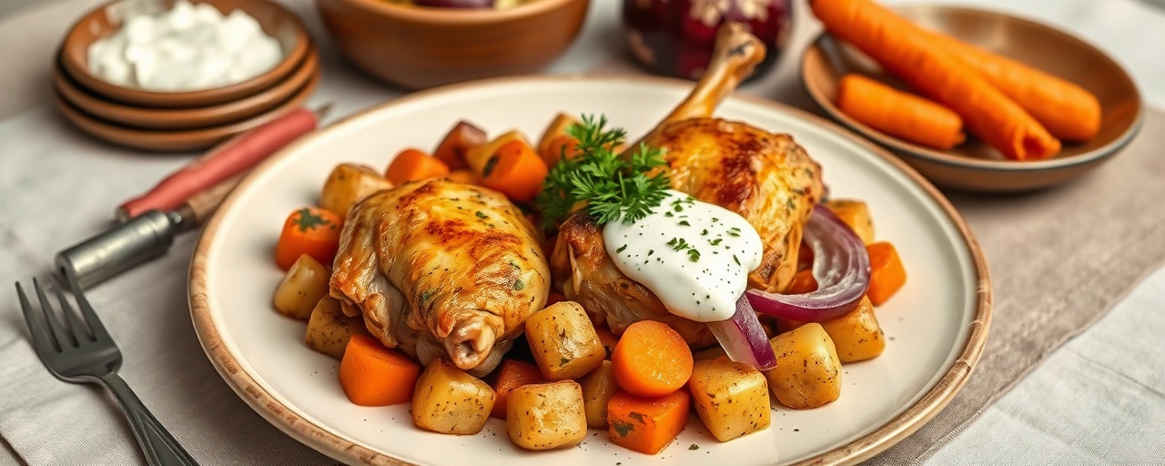 Pollo Asado con Hortalizas y Crema de Tahini Ahumada