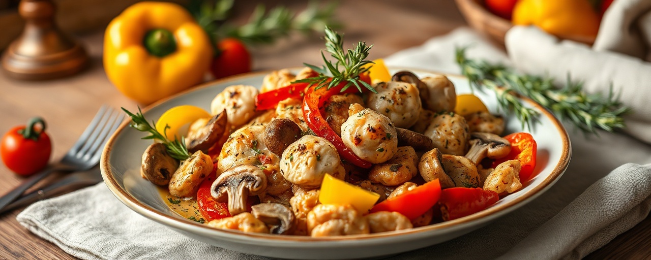 Pollo Rustico con Funghi, Peperoni e Rosmarino