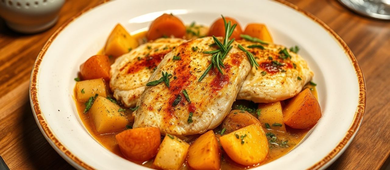 Pollo Scottato in Padella con Patate Dolci al Rosmarino e Salsa Agrodolce