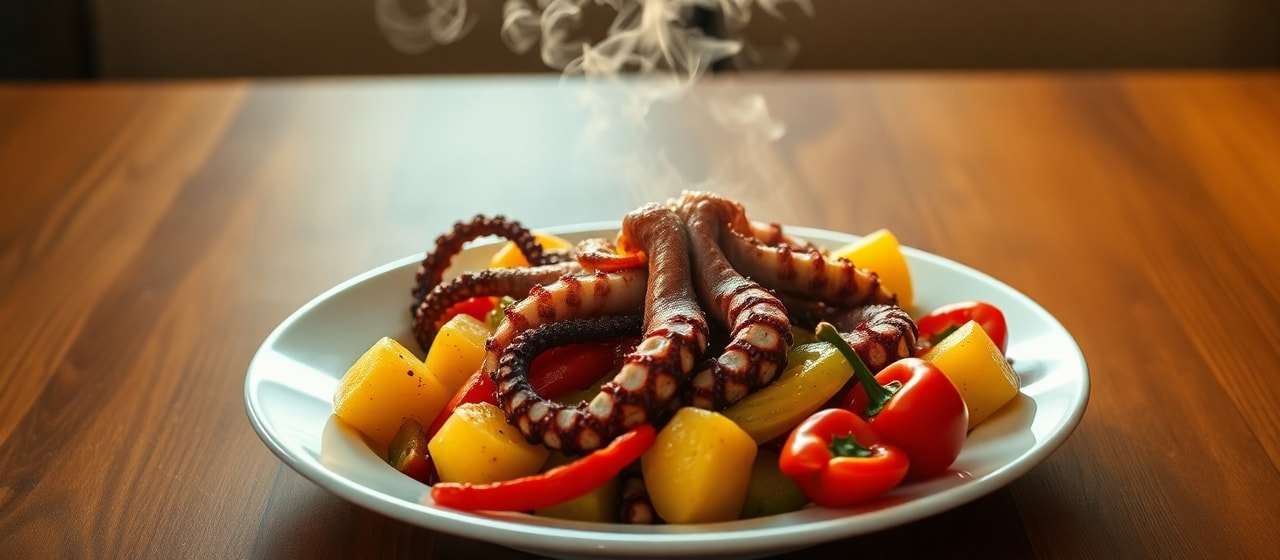 Polvo Assado com Batatas a Murro e Pimentos
