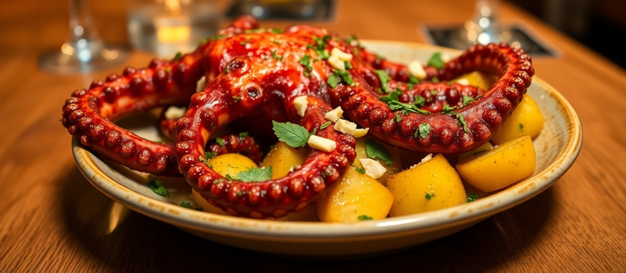 Polvo Fumado com Batatas à Lagareiro e Gremolata de Coentros