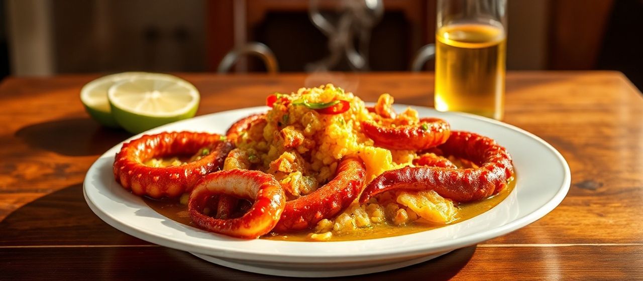 Polvo Salteado com Molho de Manga e Pimenta e Mandioca Frita