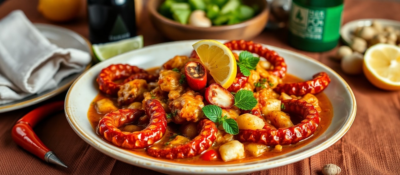 Polvo Salteado com Molho de Manga e Pimenta e Mandioca Frita