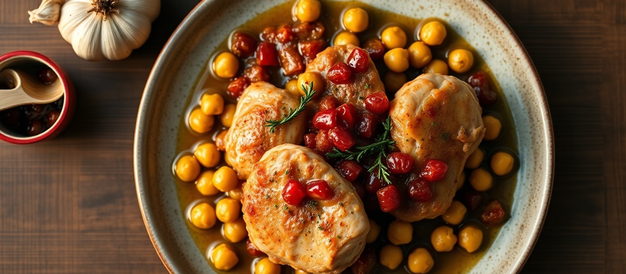 Pomegranate Braised Chicken with Chickpeas