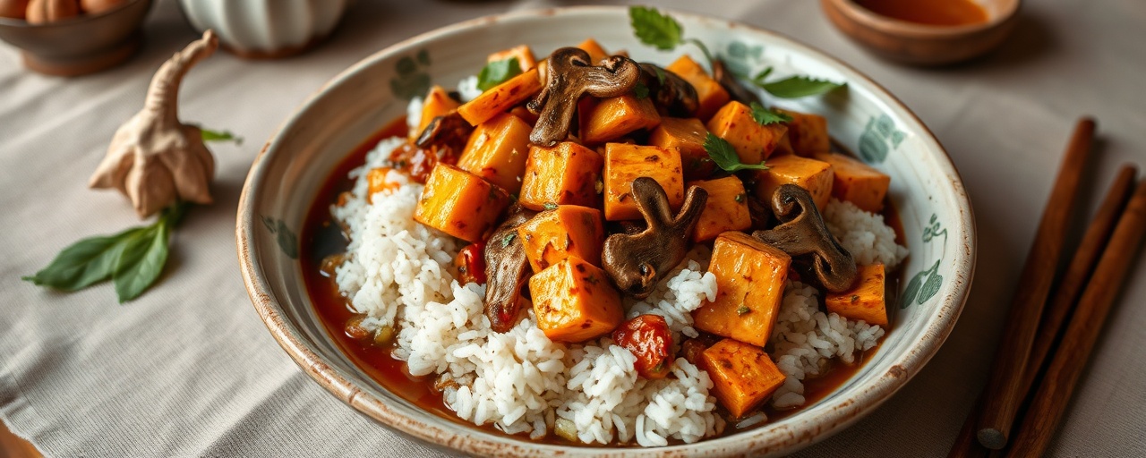 Spicy Fermented Tofu & Mushroom Stir-fry with Lotus Root Rice