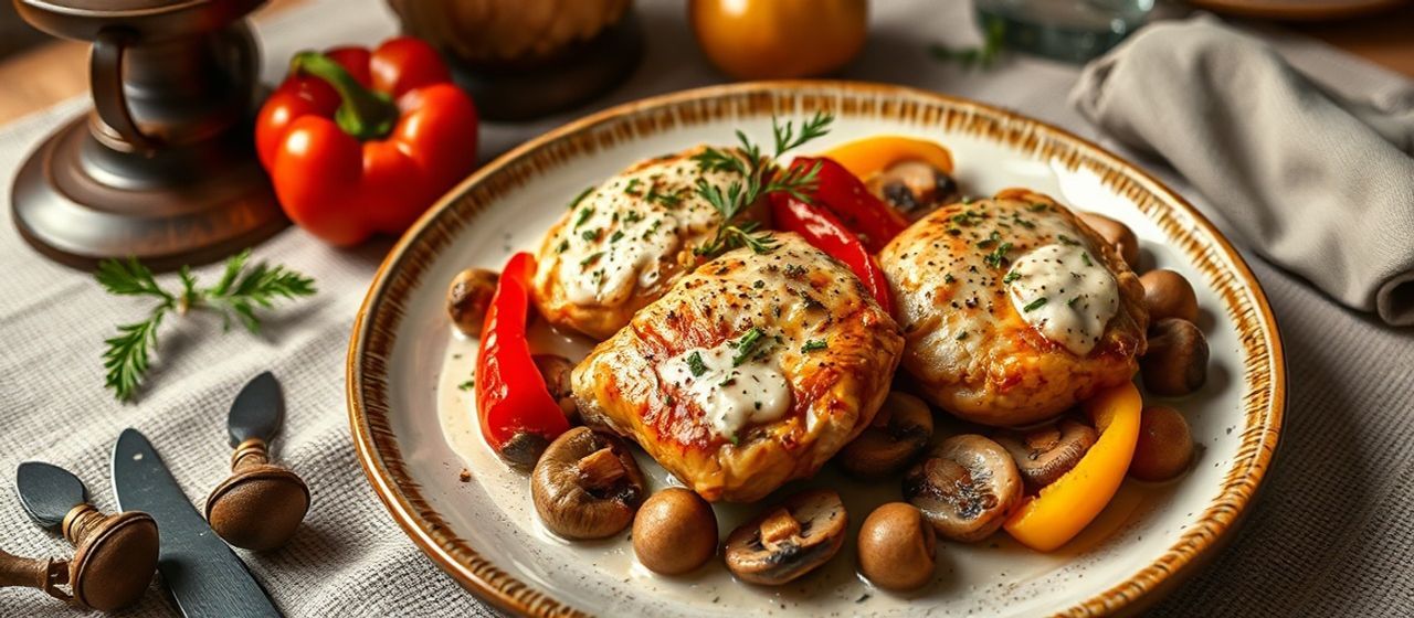 Poulet aux Trois Poivrons et Champignons à la Crème