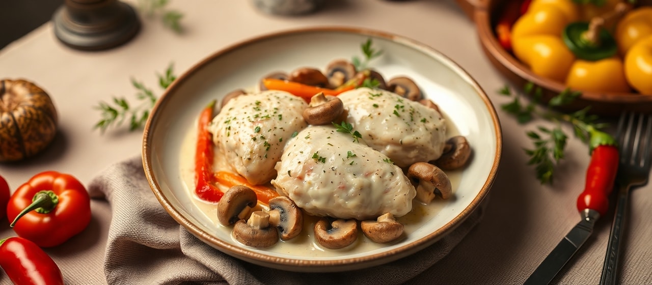 Poulet aux Trois Poivrons et Champignons à la Crème