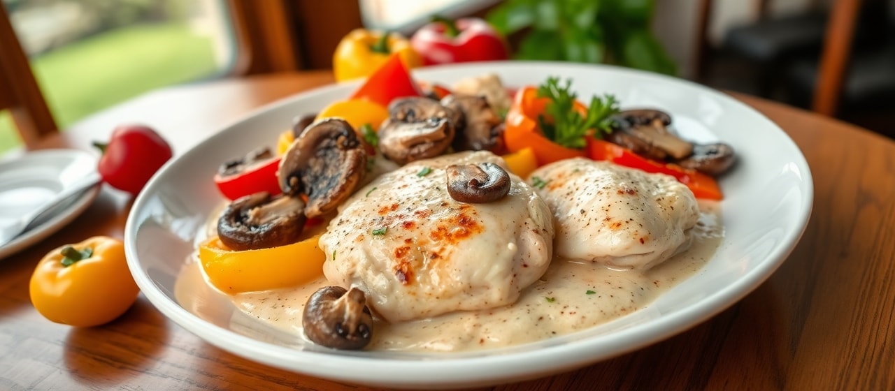 Poulet aux Trois Poivrons et Champignons à la Crème