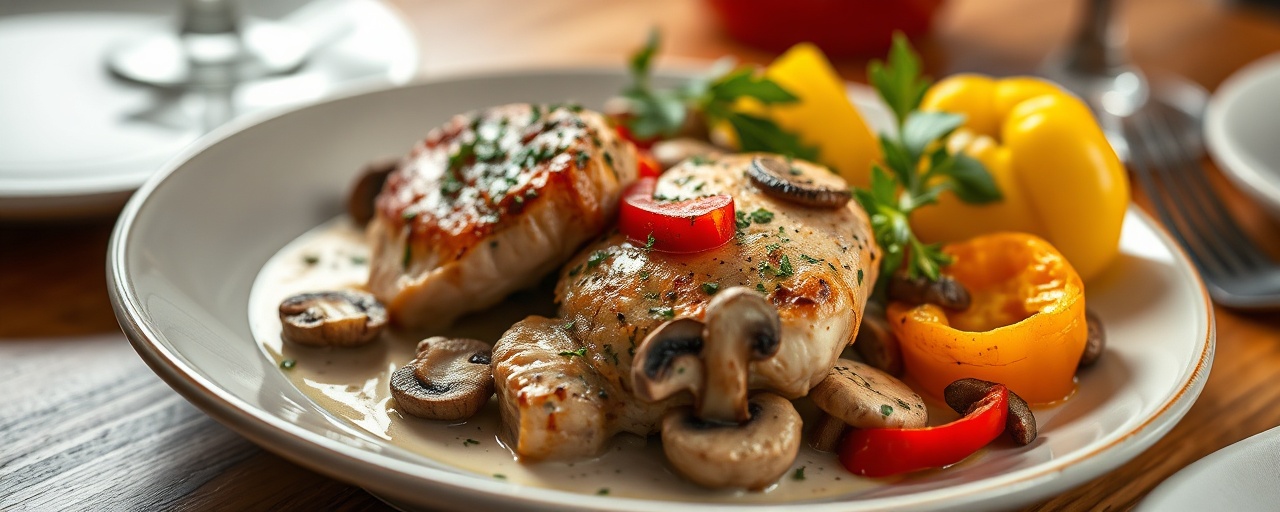 Poulet aux Trois Poivrons et Champignons à la Crème
