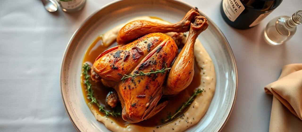 Poulet Rôti au Tandoor, Purée d'Ail Noir et Jus de Volaille aux Herbes
