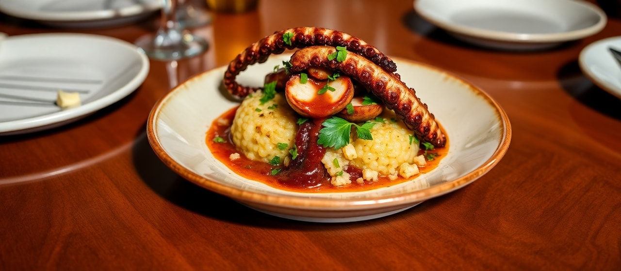 Pulpo Ahumado con Salsa Anticuchera y Papa Rellena de Quinoa