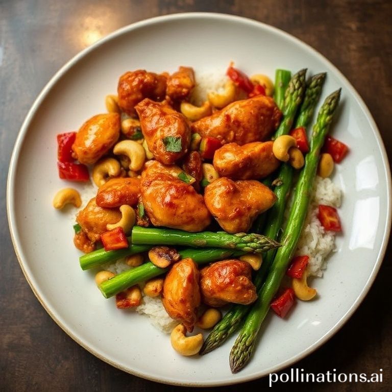 Spicy Sichuan Peppercorn Chicken with Toasted Cashews and Fresh Asparagus