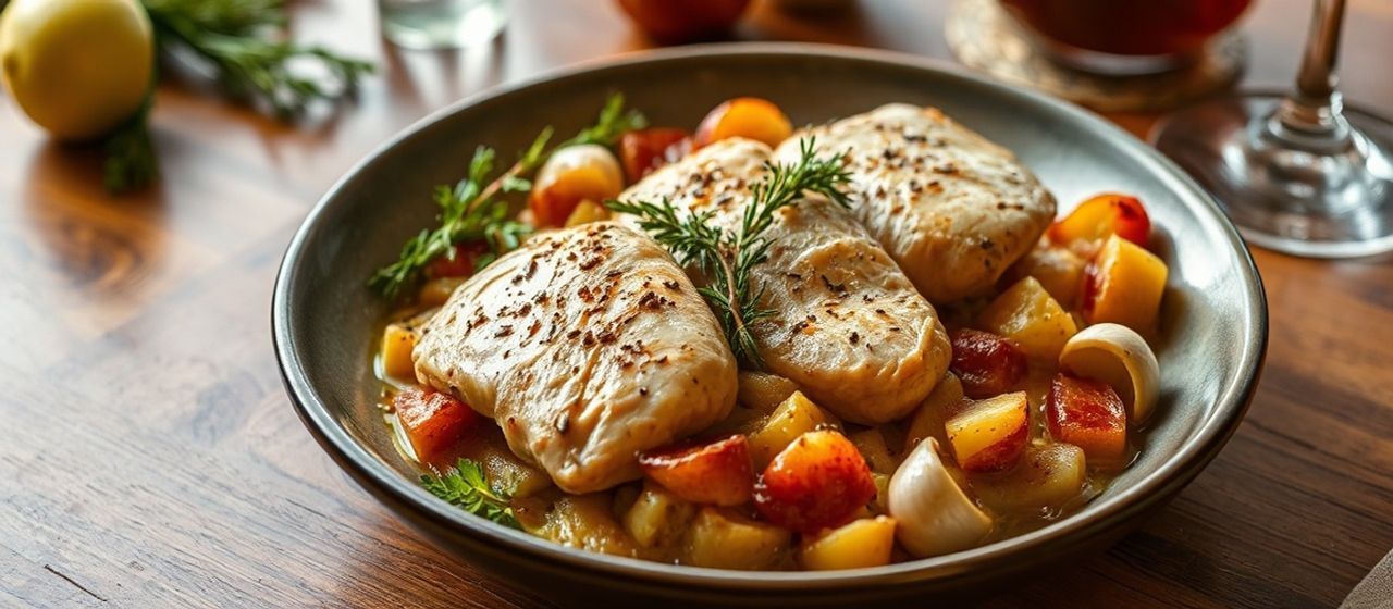 Riesling Hähnchen mit Apfel und Rosmarin-Kartoffeln