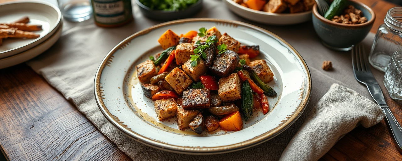 Roasted Cajun Tempeh with Trinity Vegetables