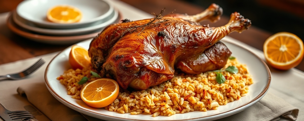 Roasted Duck with Saffron Orange Rice