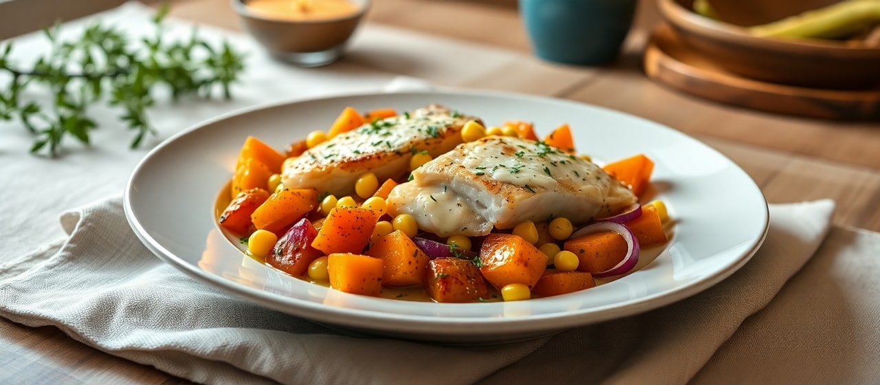 Roasted Haddock and Sweet Potato Medley with Dill-Corn Sauce