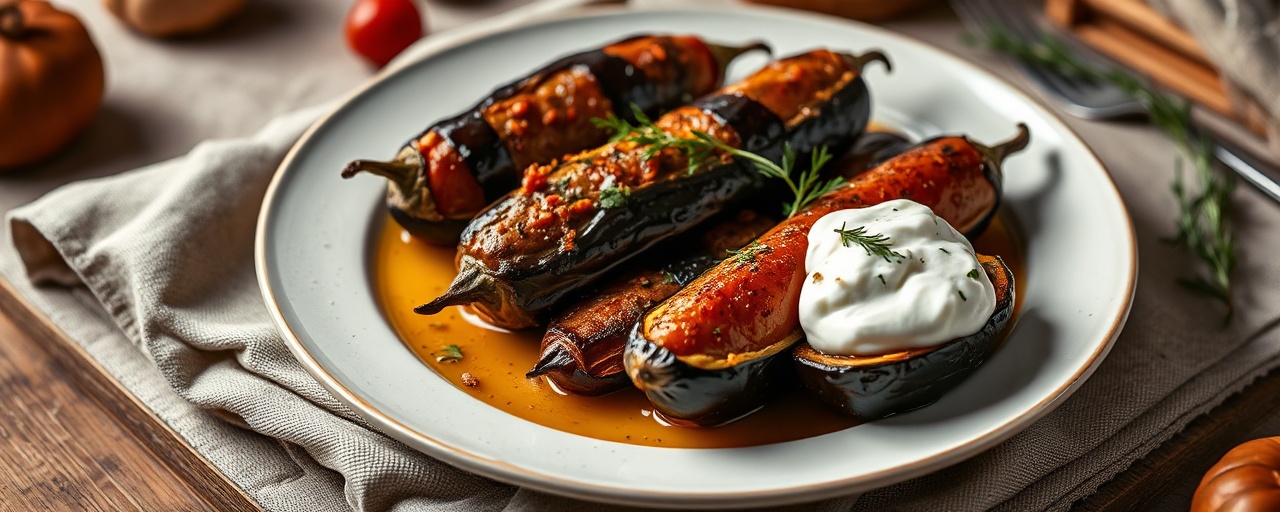 Roasted Hungarian Eggplant with Paprika Sausage and Dill Sour Cream