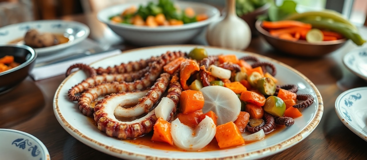 Roasted Moroccan Octopus with Harissa Vegetables