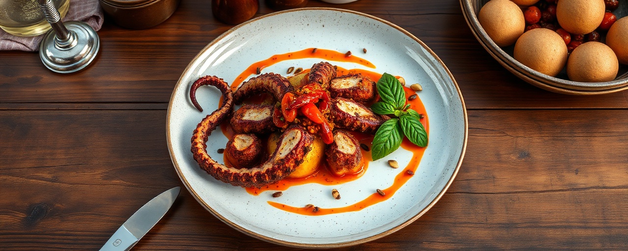 Roasted Paprika Octopus with Lángos Croutons and Sweet Pepper Ragout