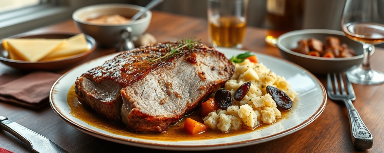 Roasted Pork Belly with Whisky & Honey Glaze and Neep & Tattie Mash