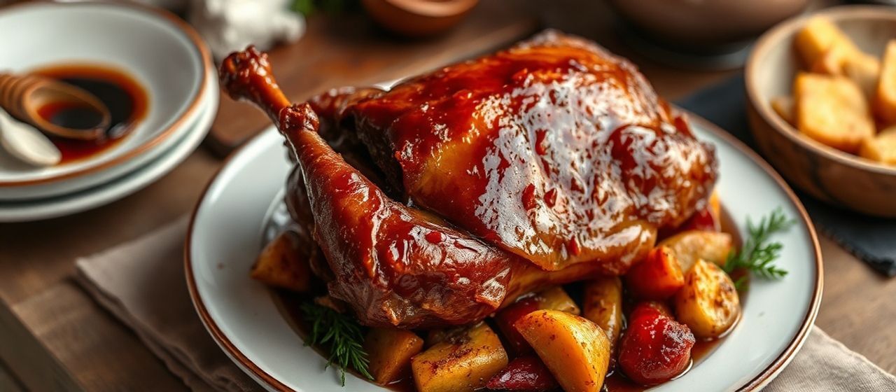 Roasted Russian Duck with Tamarind-Honey Glaze and Root Vegetables