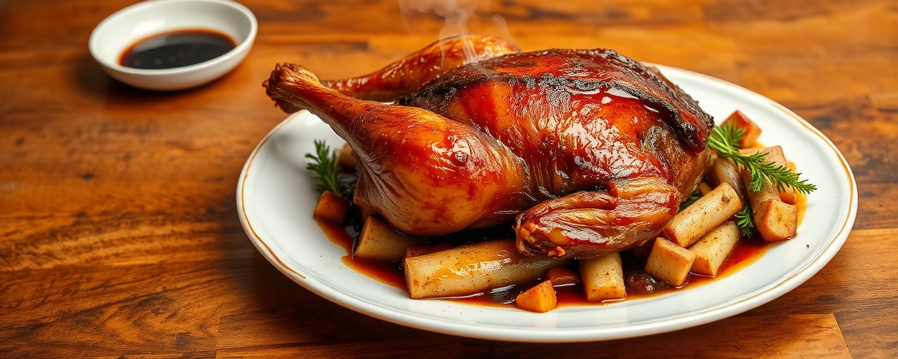 Roasted Russian Duck with Tamarind-Honey Glaze and Root Vegetables
