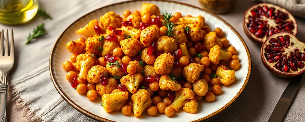 Roasted Spiced Cauliflower & Chickpeas with Pomegranate Glaze