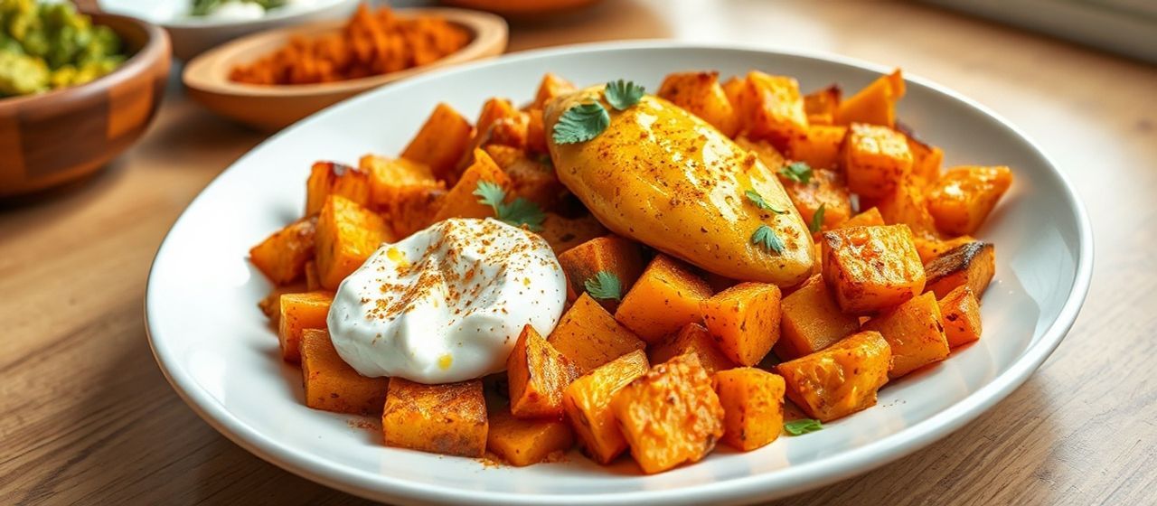 Roasted Sri Lankan Spiced Sweet Potato with Coconut Sambol