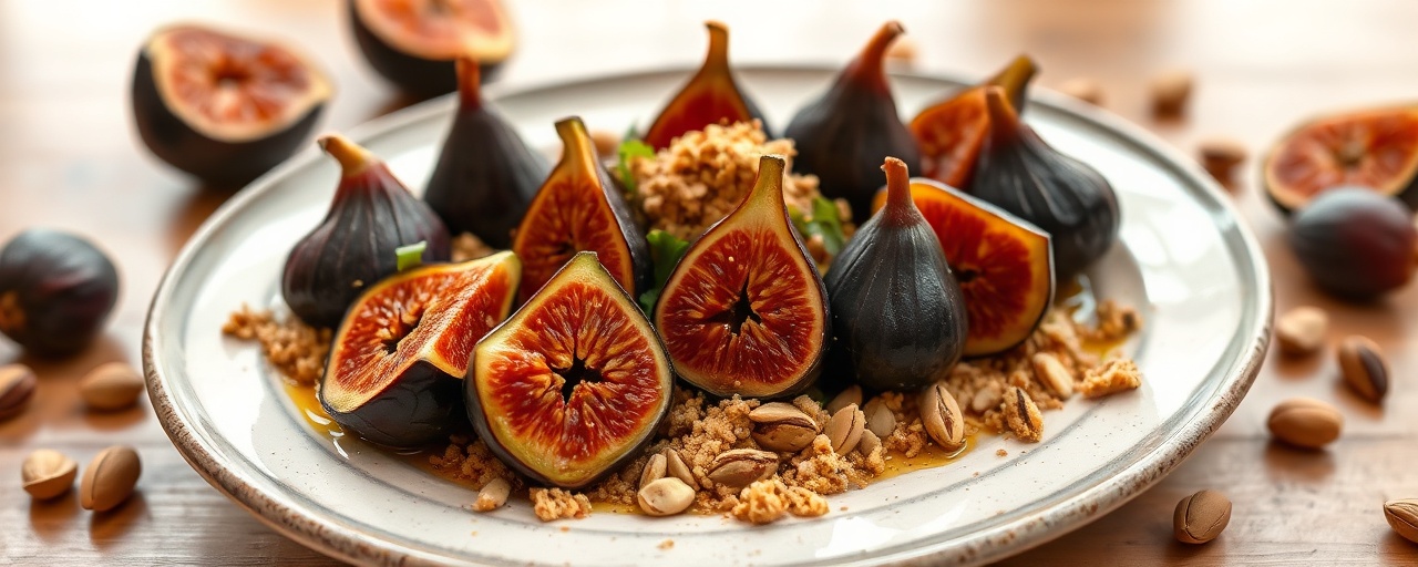 Roasted Sumac Figs with Orange Blossom Pistachio Crumble