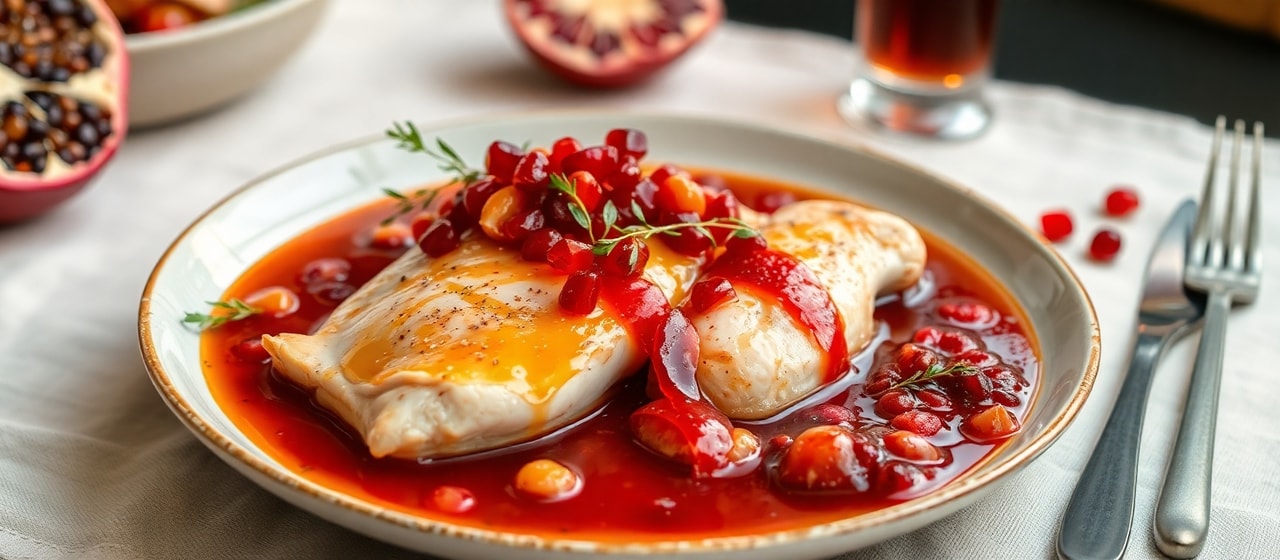 Rooibos & Pomegranate Poached Chicken with Apricot and Almond Samp