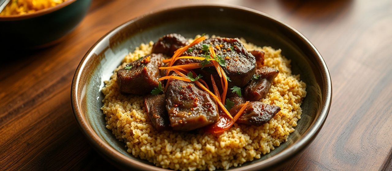 Saffron-Infused Lamb and Galangal Wok-Toss with Herbed Freekeh