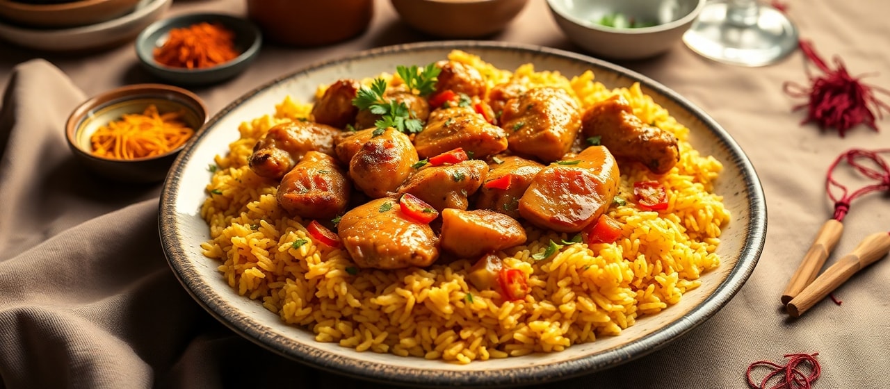 Saffron-Infused Lebanese Chicken Stir-Fry with Jeweled Rice
