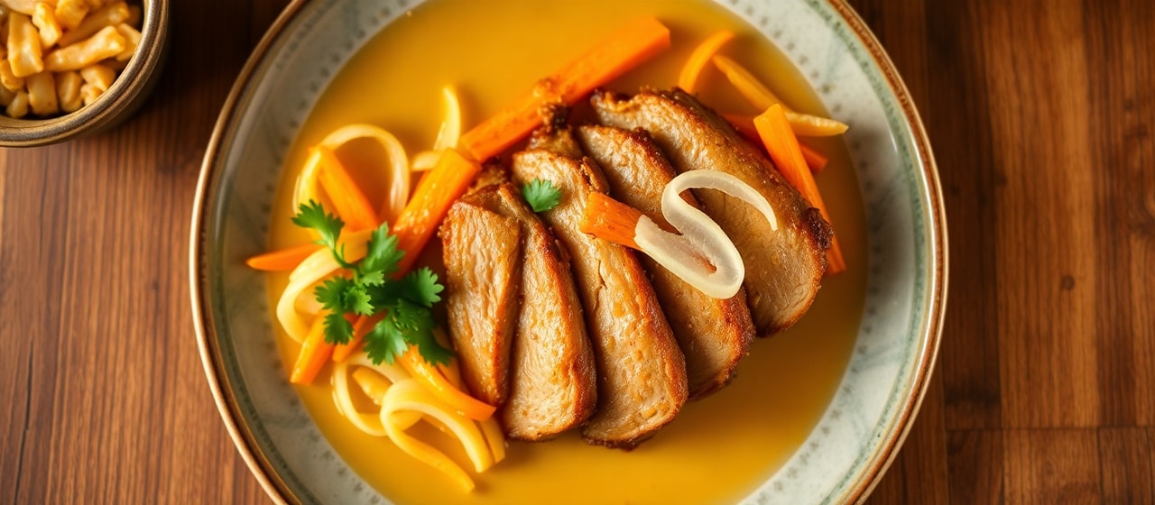 Saffron Lemongrass Sous-Vide Pork Belly with Pickled Daikon & Carrot