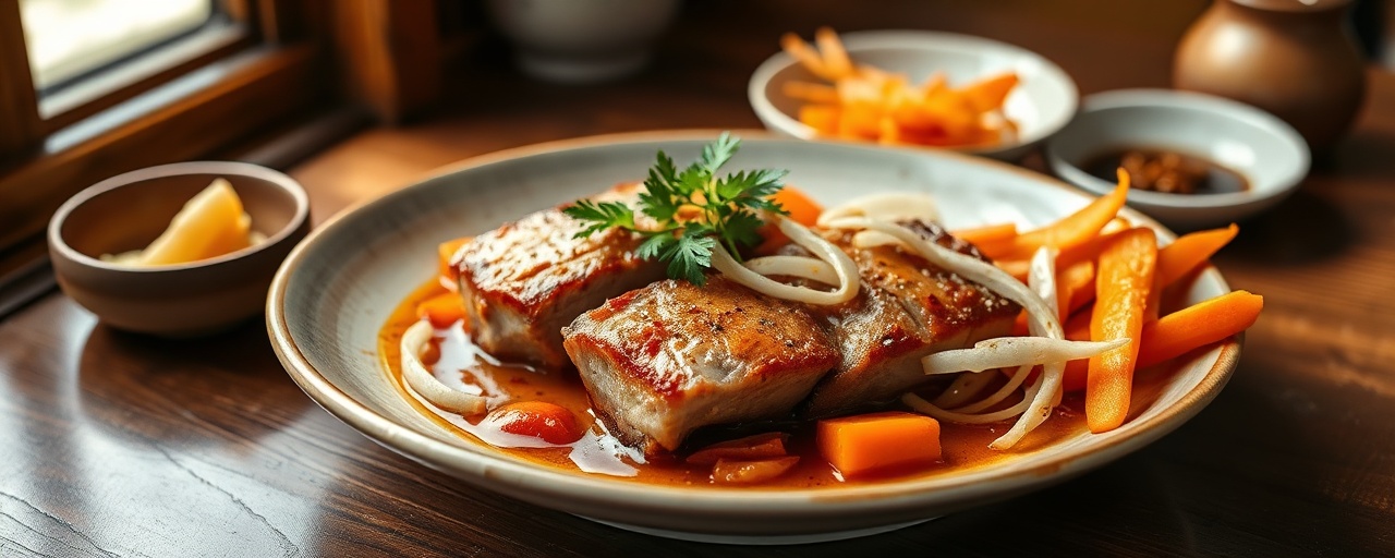 Saffron Lemongrass Sous-Vide Pork Belly with Pickled Daikon & Carrot