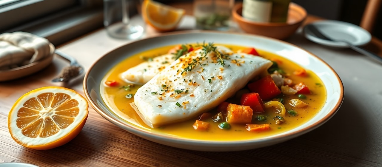Saffron Poached Halibut with Mediterranean Herb Infusion