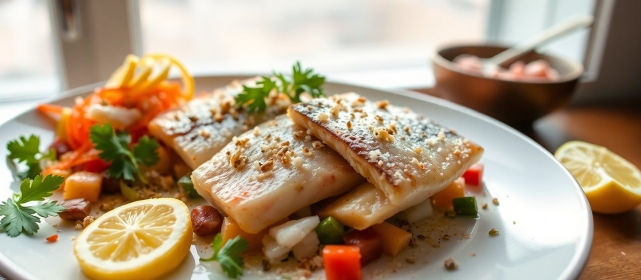 Samak Mekallel bi Harissa wal Laymoun al-Mukallal (Cured Sea Bass with Harissa and Pickled Lemon Salad)