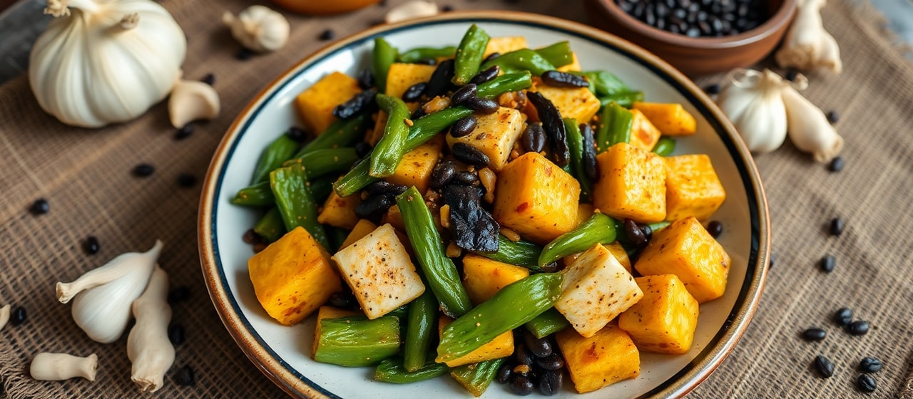Savory Stir-fried Green Plantains with Fermented Black Beans and Tofu Puffs