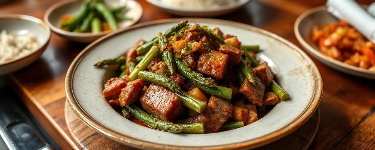 Sichuan Tamarind Pork Stir-fry with Asparagus and Snow Peas
