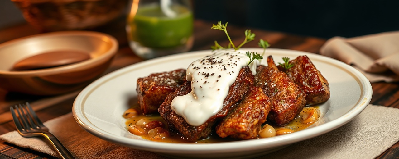 Skorozharennye Korotkie Rebra s Gribnym Smetannym Sousom (Flash-Fried Short Ribs with Mushroom Sour Cream Sauce)