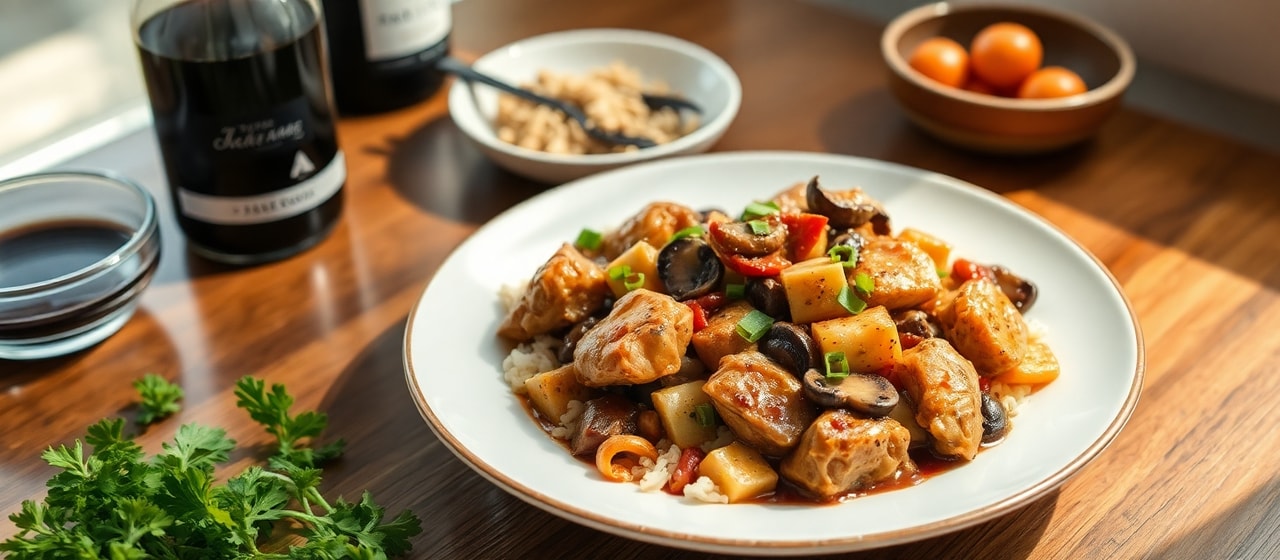 Slow-Braised Five-Spice Chicken and Tempeh with Shiitake