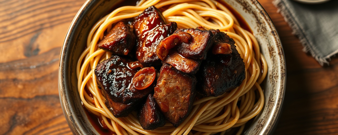 Slow-Cooked Black Garlic Pork Belly with Thick Wheat Noodles